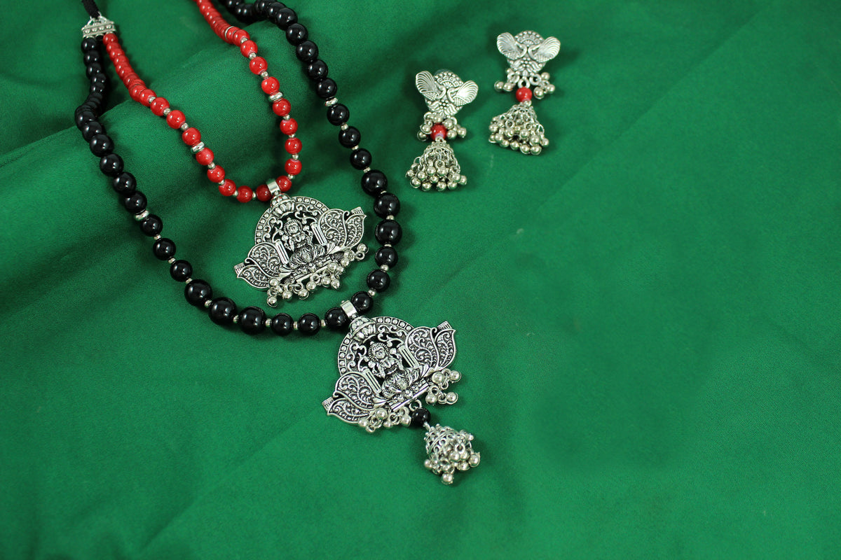 JFL‑Jewellery for Less Red & Black Beaded Jewellery Set–Dual Necklace,Earrings with Oxidised Silver Ornate Pendants,Matching Danglers&Charm Details– Navratri, Garba
