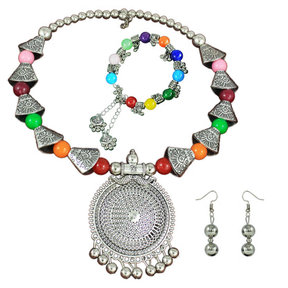 JFL - Jewellery for Less Handcrafted Oxidised Necklace Earrings Bracelet Set – Multicolour Beaded Ethnic Jewellery for Women & Girls – Navratri, Garba