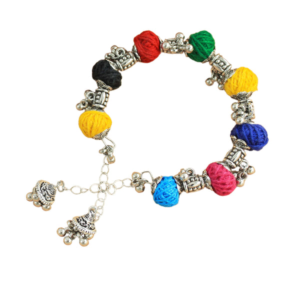 JFL-Jewellery for Less Multicolour Cotton Thread Jewellery Set–Necklace,Earrings & Bracelet with Oxidised Silver Ornate Face Pendant, Matching Beadwork & Dangling Charms––Navratri, Garba