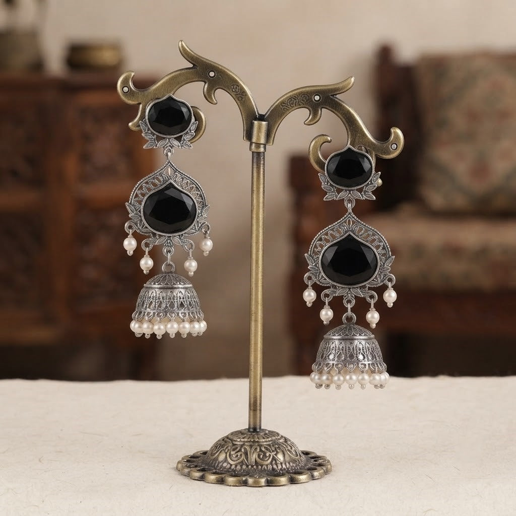 JFL - Jewellery for Less Oxidized Silver-Toned Jhumka Earrings with Black Stone and Pearl Drops – Traditional Ethnic Jewellery for Women