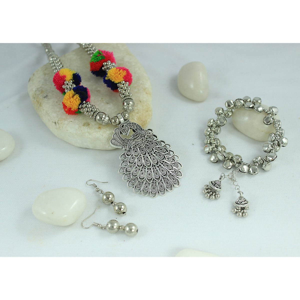 JFL - Jewellery for Less Oxidised Peacock Pendant Necklace Earrings Bracelet Set, Multicolour Pom‑Poms & Jhumka Charms – Jewellery for Women & Girls – Navratri, Garba, Wedding