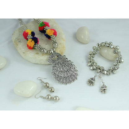 JFL - Jewellery for Less Oxidised Peacock Pendant Necklace Earrings Bracelet Set, Multicolour Pom‑Poms & Jhumka Charms – Jewellery for Women & Girls – Navratri, Garba, Wedding