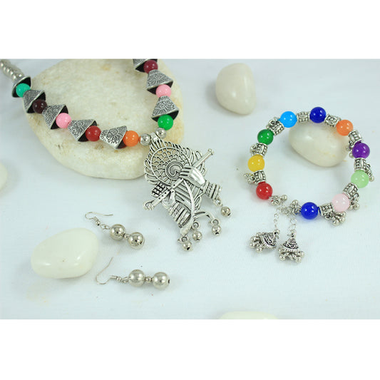 JFL - Jewellery for Less Oxidised Musician Pendant Necklace Bracelet Earrings Set – Multicolor Beaded Traditional Jewellery for Women & Girls – Navratri, Garba, Wedding & Party Use