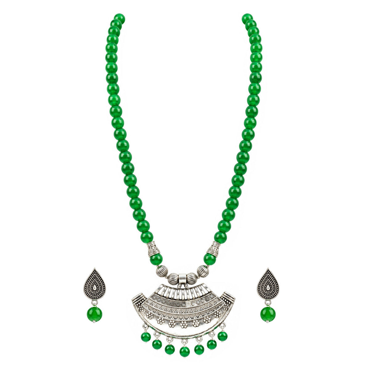 Oxidized German Silver Half Moon Pendant Necklace with Green Beads and Matching Earrings – Navratri Special Traditional Jewellery Set for Women