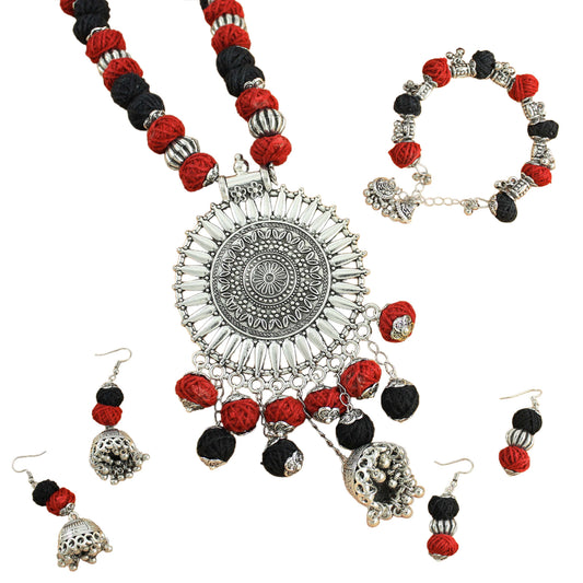 JFL‑Jewellery for Less Red & Black Cotton Thread Jewellery Set – Necklace,Bracelet & 2Pairs of Earrings with Oxidised Silver Circular Floral Pendant, Jhumka Danglers & Bead Drops –Navratri,Garba