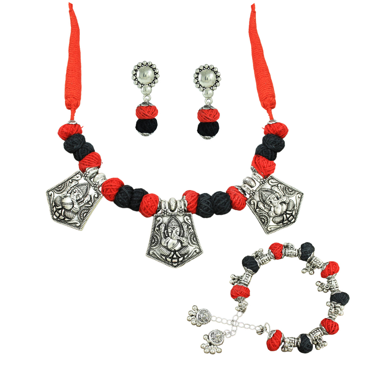 JFL‑Jewellery for Less Red & Black Thread Beaded Jewellery Set–Necklace, Earrings & Bracelet with Oxidised Silver Triple Ganesha Pendants & Dangling Charms– Women & Girls–Navratri, Garba