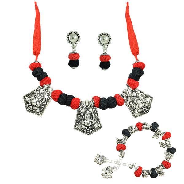 JFL‑Jewellery for Less Red & Black Thread Beaded Jewellery Set–Necklace, Earrings & Bracelet with Oxidised Silver Triple Ganesha Pendants & Dangling Charms– Women & Girls–Navratri, Garba