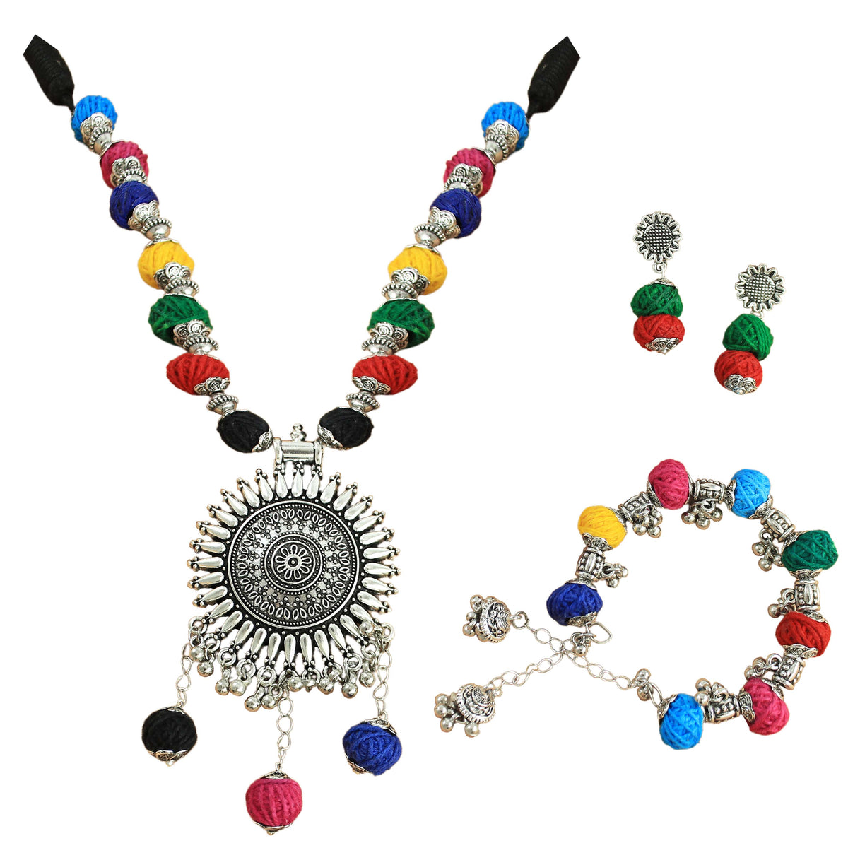 JFL-Jewellery for Less Multicolour Cotton Thread Jewellery Set – Necklace,Earrings & Bracelet with Oxidised Silver Ornate Pendant, Matching Beadwork & Dangling Charms – Navratri, Garba