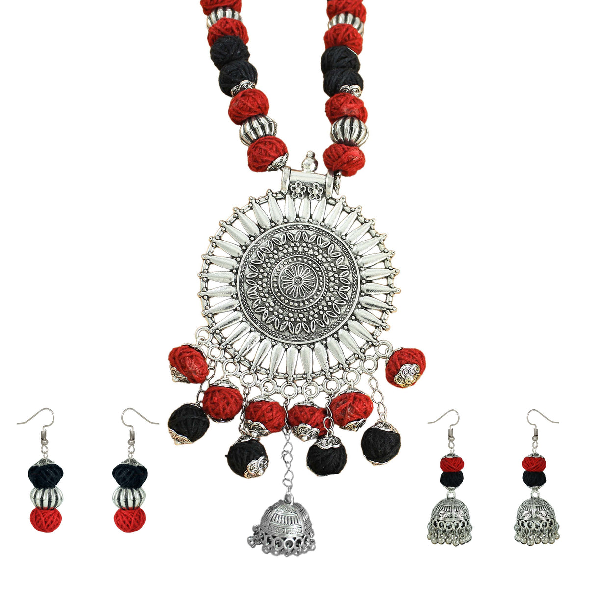 JFL‑Jewellery for Less Red & Black Cotton Thread Jewellery Set – Necklace,2 Pairs of Earrings with Oxidised Silver Circular Floral Pendant, Jhumka Danglers & Bead Drops –Navratri,Garba