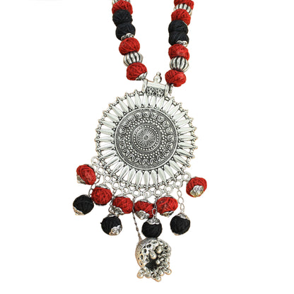 JFL‑Jewellery for Less Red & Black Cotton Thread Jewellery Set – Necklace,Bracelet & 2Pairs of Earrings with Oxidised Silver Circular Floral Pendant, Jhumka Danglers & Bead Drops –Navratri,Garba