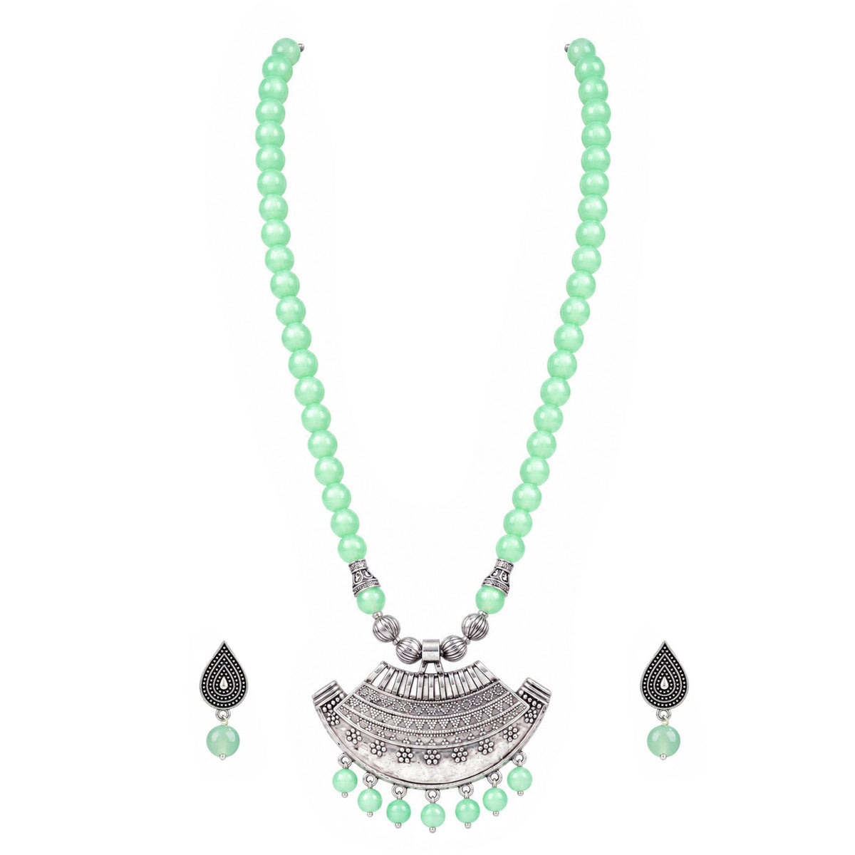 Oxidized German Silver Half Moon Pendant Necklace with Mint Green Beads and Matching Earrings & Bracelet – Navratri Special Traditional Jewellery Set for Women