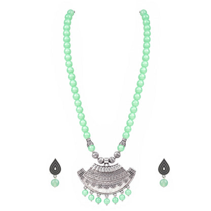 Oxidized German Silver Half Moon Pendant Necklace with Mint Green Beads and Matching Earrings & Bracelet – Navratri Special Traditional Jewellery Set for Women