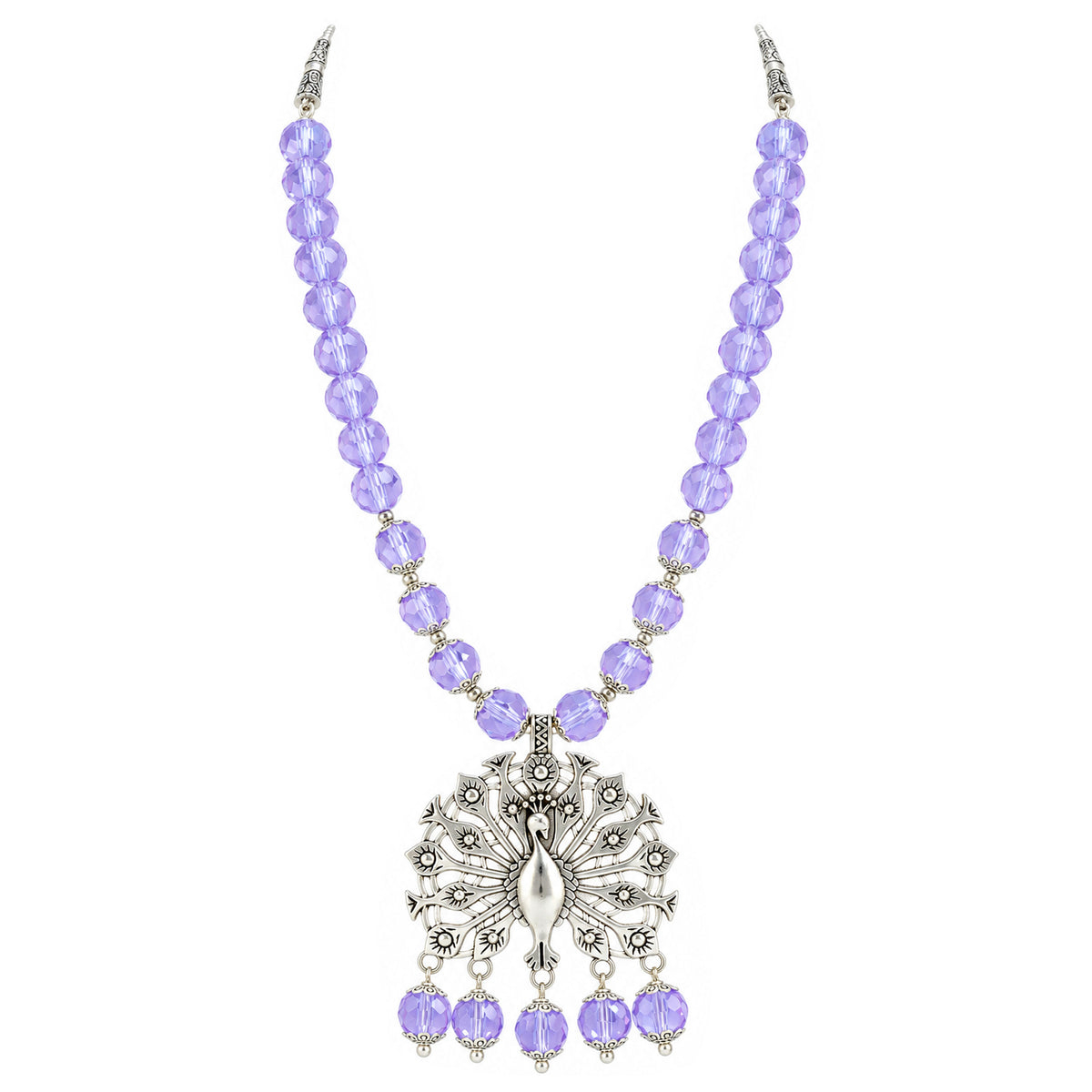 JFL - Jewellery for Less Oxidized German Silver Peacock Pendant Purple Crystal Beads Necklace with Earrings Set for Women | Antique Silver Design Jewellery Set | Navratri Special Traditional Jewellery