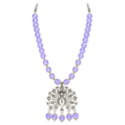JFL - Jewellery for Less Oxidized German Silver Peacock Pendant Purple Crystal Beads Necklace with Earrings Set for Women | Antique Silver Design Jewellery Set | Navratri Special Traditional Jewellery