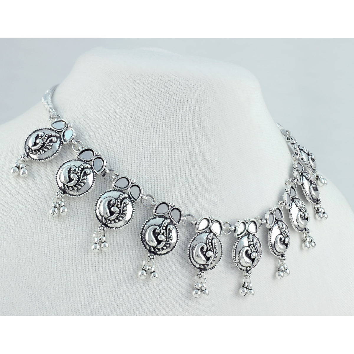 JFL - Jewellery for Less Oxidized German Silver Necklace Set with Mirror Stone Drops – Peacock Design Antique Silver Choker Jewellery Set for Women & Girls, Traditional Ethnic Wear