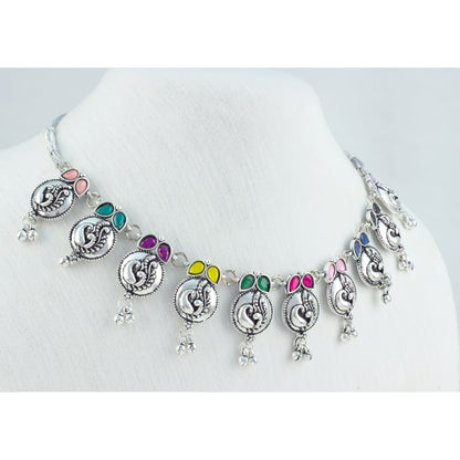 JFL - Jewellery for Less Oxidized German Silver Navratri Necklace Set – Colorful Stone Peacock Design Pendant Jewellery Set for Women & Girls, Traditional Ethnic Antique Silver Combo