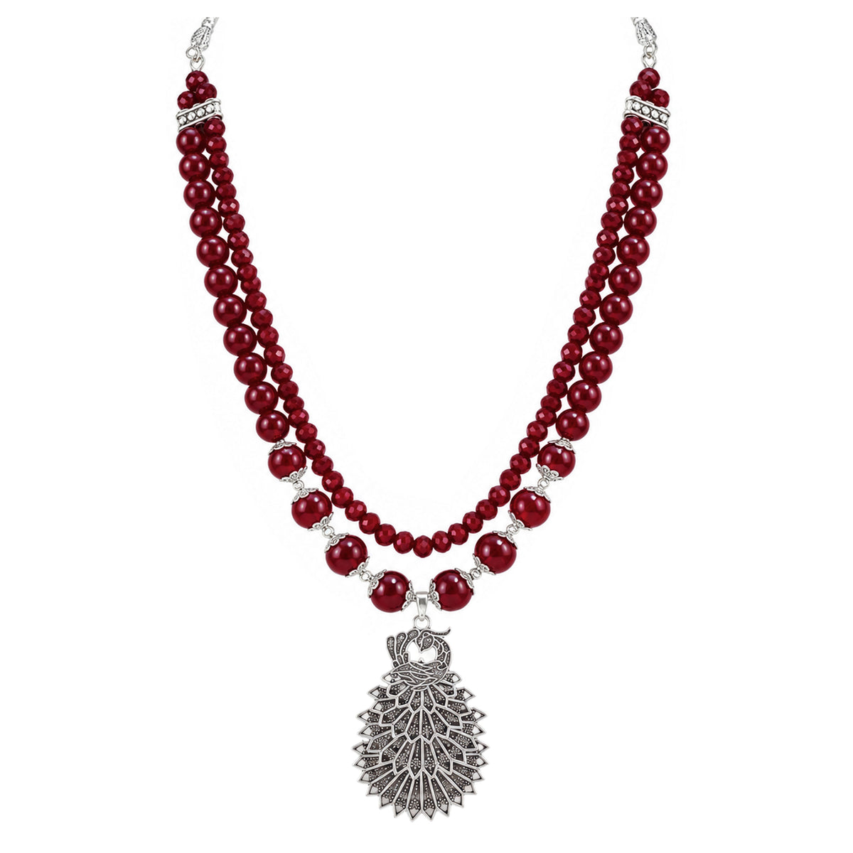 JFL - Jewellery for Less Maroon Beaded Double Layer Necklace Set with Oxidized Peacock Pendant & Matching Jhumkas with Bracelet – Ethnic Jewellery Set for Women
