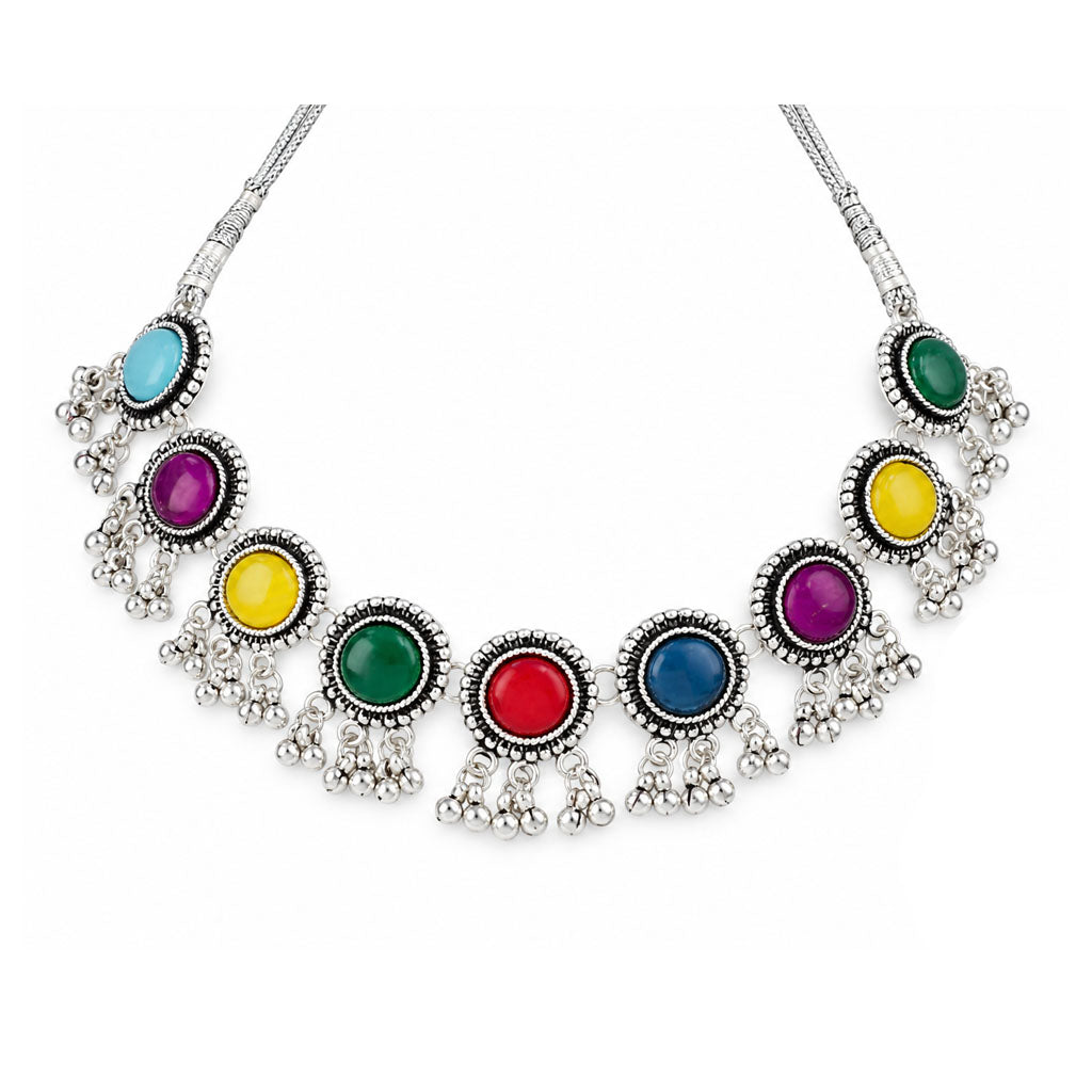 JFL - Jewellery for Less Oxidized German Silver Necklace Set with Earrings and Bracelet – Round Colorful Stone Choker Jewellery Set for Women & Girls, Traditional Ethnic Antique Silver Combo