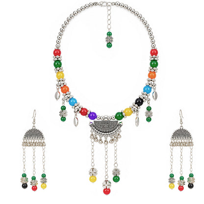 Oxidized German Silver Multicolor Beaded Necklace & Dangle Earrings , Bracelet Set – Ethnic Wire Collar Jewellery Set for Women, Navratri Special
