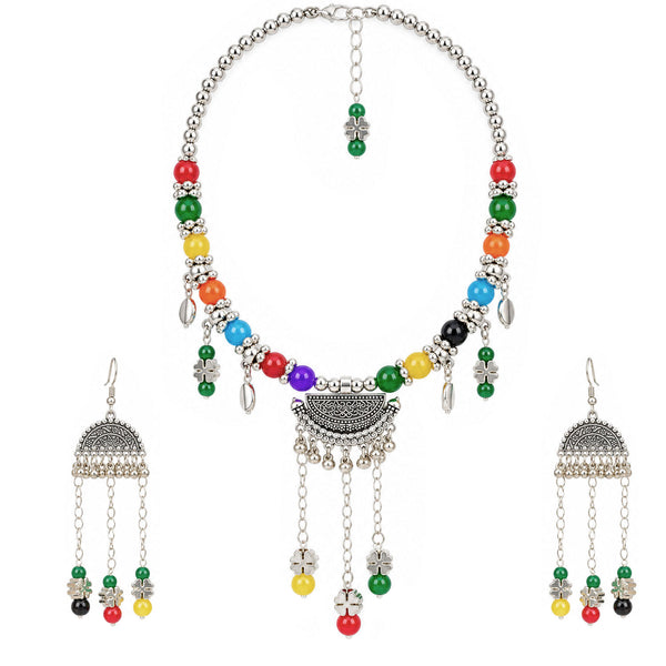 Oxidized German Silver Multicolor Beaded Necklace & Dangle Earrings , Bracelet Set – Ethnic Wire Collar Jewellery Set for Women, Navratri Special