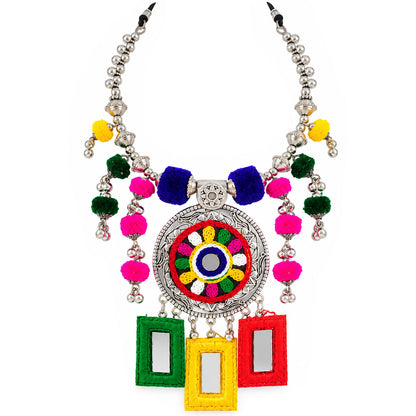 Oxidized Silver-Tone Mirror Work Necklace with Earrings , Bracelet Set for Women | Multicolor Thread & Pom-Pom Rajasthani Tribal Jewellery Set | Navratri Garba Special Ethnic Necklace Set