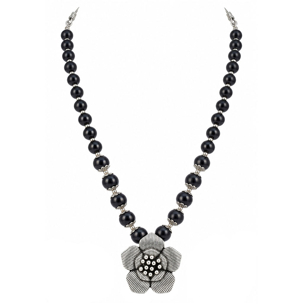 JFL - Jewellery for Less Oxidized Silver Flower Pendant Black Beads Necklace and Butterfly Earrings with Bracelet Set for Women & Girls | Navratri Special Traditional Jewellery Set