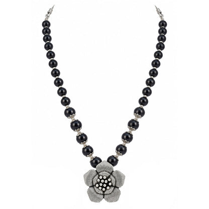 JFL - Jewellery for Less Oxidized Silver Flower Pendant Black Beads Necklace and Butterfly Earrings with Bracelet Set for Women & Girls | Navratri Special Traditional Jewellery Set