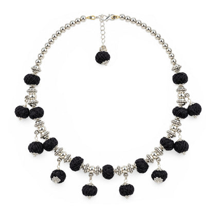 Oxidized German Silver Beaded Necklace with Black Thread Ball Danglers & Earrings Set – Ethnic Wire Collar Jewellery Set for Women, Navratri Special