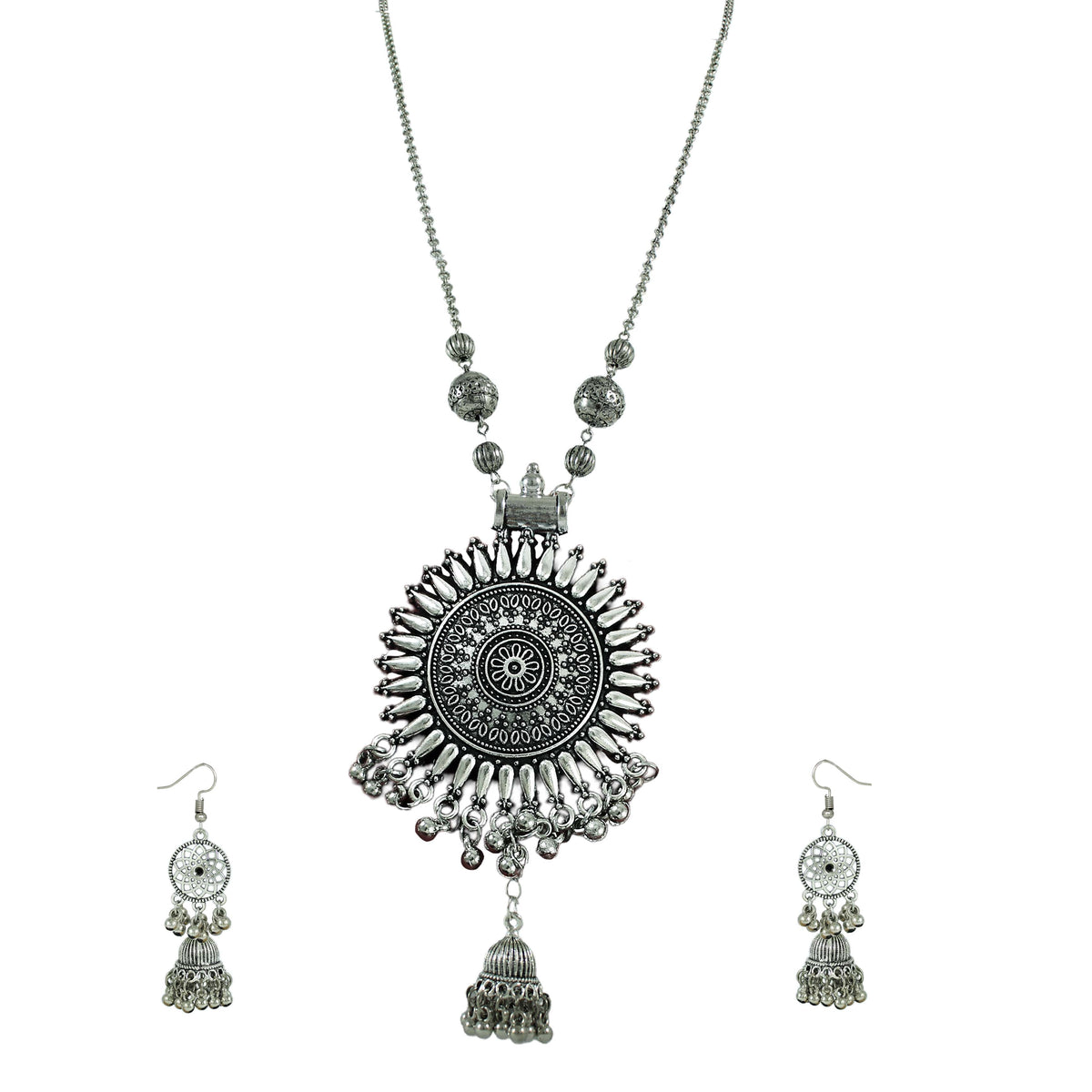 JFL-Jewellery for Less Oxidised Silver Jewellery Set – Necklace, Earrings with Intricate Circular Pendant & Matching Danglers – Jewellery for Women & Girls – Navratri, Garba