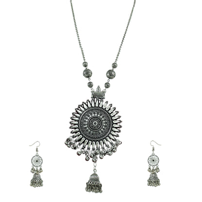 JFL-Jewellery for Less Oxidised Silver Jewellery Set – Necklace, Earrings with Intricate Circular Pendant & Matching Danglers – Jewellery for Women & Girls – Navratri, Garba