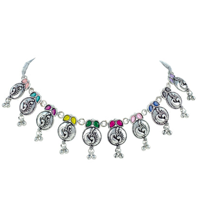 JFL - Jewellery for Less Oxidized German Silver Navratri Necklace with Bracelet Set – Colorful Stone Peacock Design Pendant Jewellery Set for Women & Girls, Traditional Ethnic Antique Silver Combo
