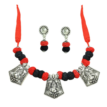 JFL‑Jewellery for Less Red & Black Thread Beaded Jewellery Set–Necklace, Earrings & Bracelet with Oxidised Silver Triple Ganesha Pendants & Dangling Charms– Women & Girls–Navratri, Garba