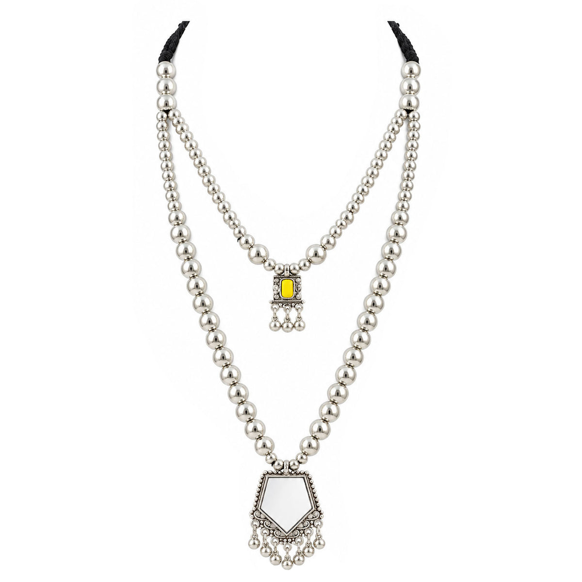 Oxidized German Silver Layered Necklace Set with Yellow Stone & Mirror Pendant, Beaded Drop Earrings, Bracelet – Navratri Special Ethnic Jewellery Set for Women & Girls