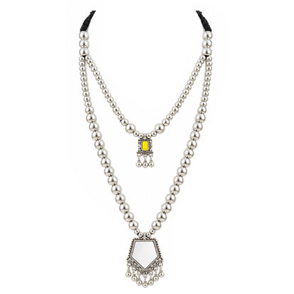 Oxidized German Silver Layered Necklace Set with Yellow Stone & Mirror Pendant, Beaded Drop Earrings, Bracelet – Navratri Special Ethnic Jewellery Set for Women & Girls