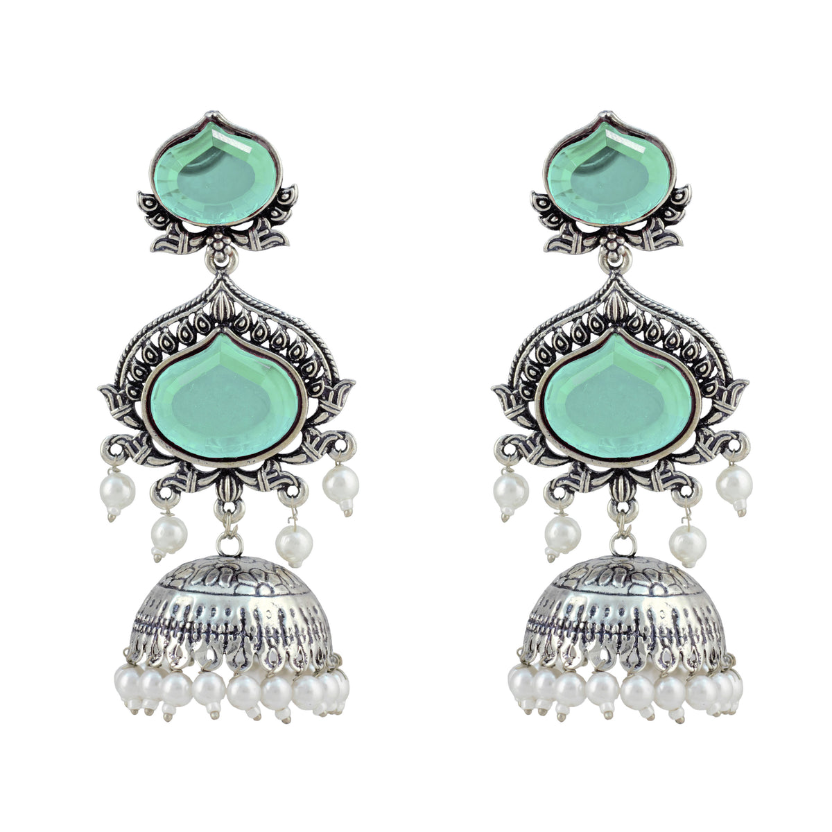 JFL - Jewellery for Less Oxidized Silver-Toned Jhumka Earrings with Mint-Green Stone and Pearl Drops – Traditional Ethnic Jewellery for Women