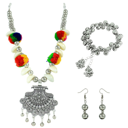 JFL - Jewellery for Less Oxidised Necklace Earrings Bracelet Set with Shell Beads, Multicolour Pom‑Poms & Charm Accents – Traditional Jewellery for Women & Girls – Navratri, Garba, Wedding & Party Use