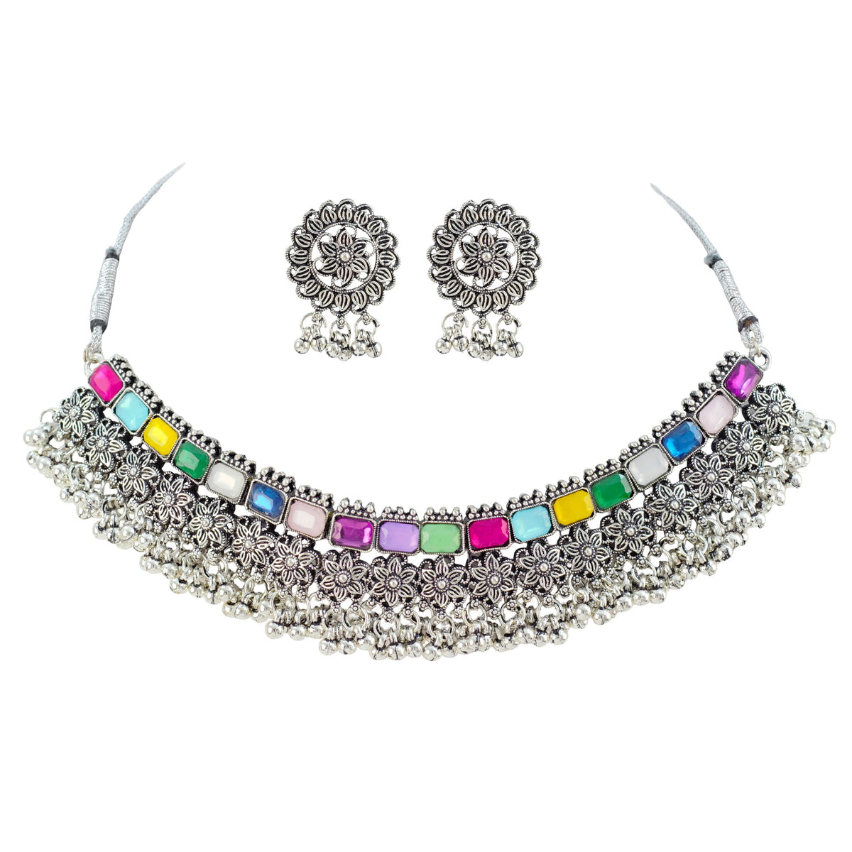 JFL - Jewellery for Less Oxidized German Silver Choker Necklace Set with Earrings and Bracelet – Heavy Floral Multicolor Stone Jewellery Set for Women & Girls, Traditional Bridal Ethnic Combo