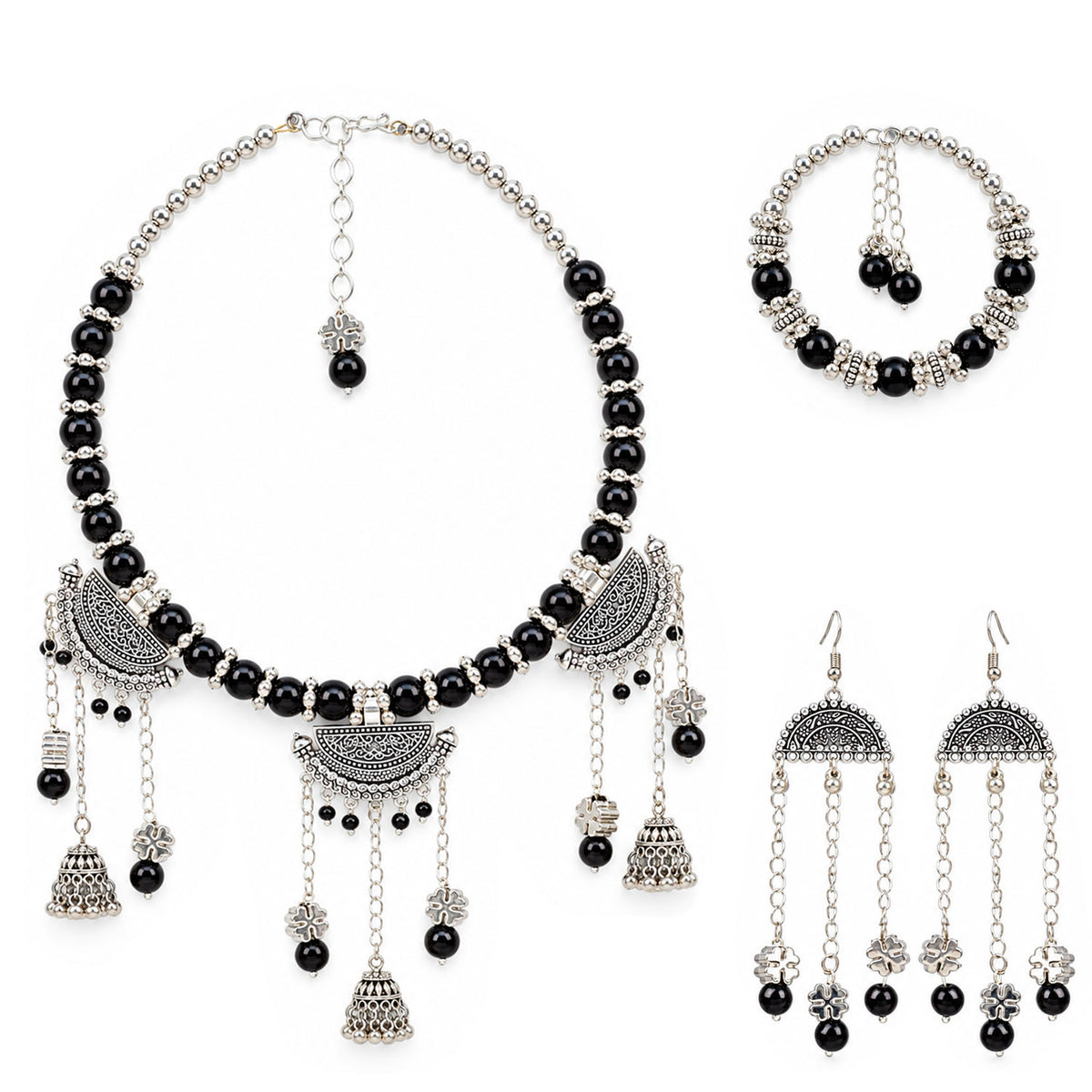 Oxidized German Silver Black Beaded Necklace, Bracelet & Dangle Earrings Set – 3-Piece Ethnic Wire Collar Jewellery Set for Women, Navratri Special
