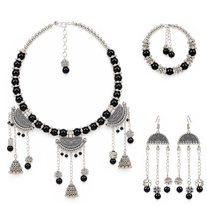 Oxidized German Silver Black Beaded Necklace, Bracelet & Dangle Earrings Set – 3-Piece Ethnic Wire Collar Jewellery Set for Women, Navratri Special