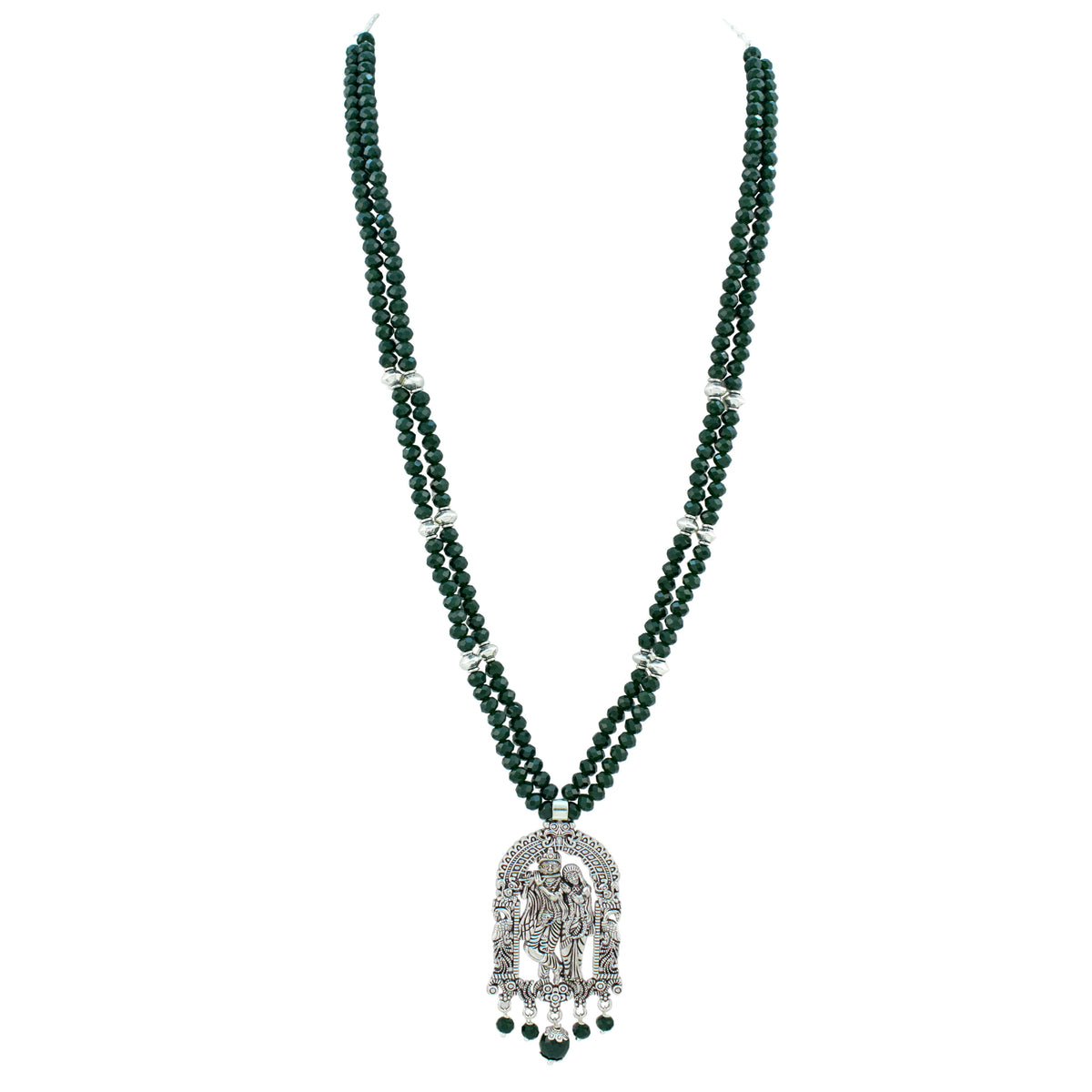 JFL - Jewellery for Less Oxidized German Silver Radha Krishna Pendant Necklace Set and Jhumka Earrings with Bracelet for Women | Dark Green Beaded Traditional Ethnic Jewellery Set | Navratri Festive