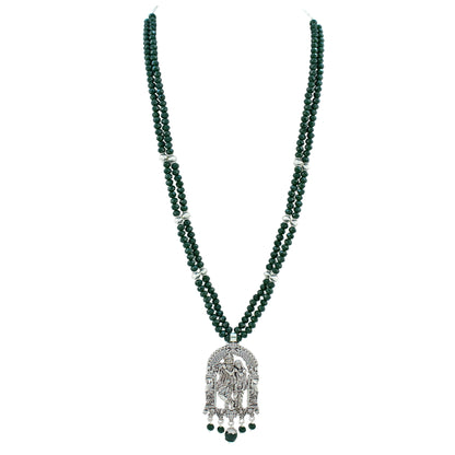 JFL - Jewellery for Less Oxidized German Silver Radha Krishna Pendant Necklace Set and Jhumka Earrings with Bracelet for Women | Dark Green Beaded Traditional Ethnic Jewellery Set | Navratri Festive