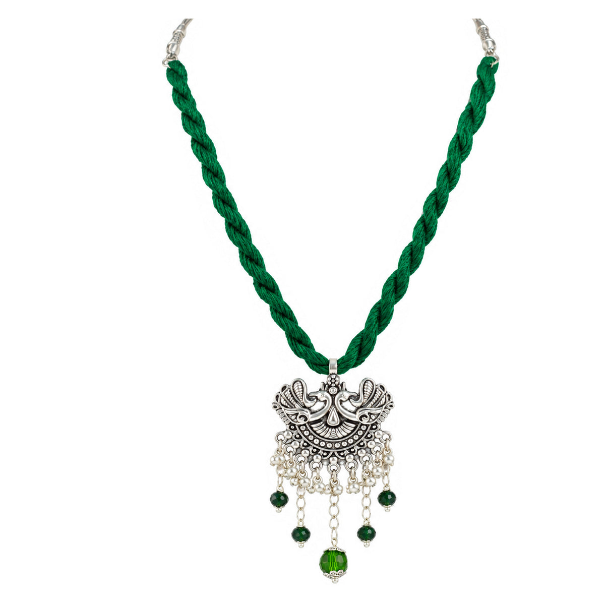 JFL - Jewellery for Less Oxidized Silver Peacock Pendant Green Thread Necklace Earrings with Bracelet Set – Green Bead Dangle Jewellery Set for Women & Girls