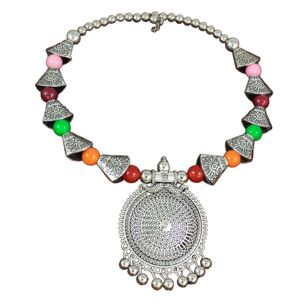 JFL - Jewellery for Less Handcrafted Oxidised Necklace Earrings Bracelet Set – Multicolour Beaded Ethnic Jewellery for Women & Girls – Navratri, Garba