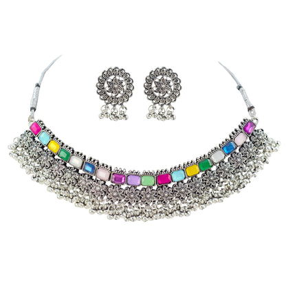 JFL - Jewellery for Less Oxidized German Silver Choker Necklace Set with Earrings – Heavy Floral Multicolor Stone Jewellery Set for Women & Girls, Traditional Bridal Ethnic Combo