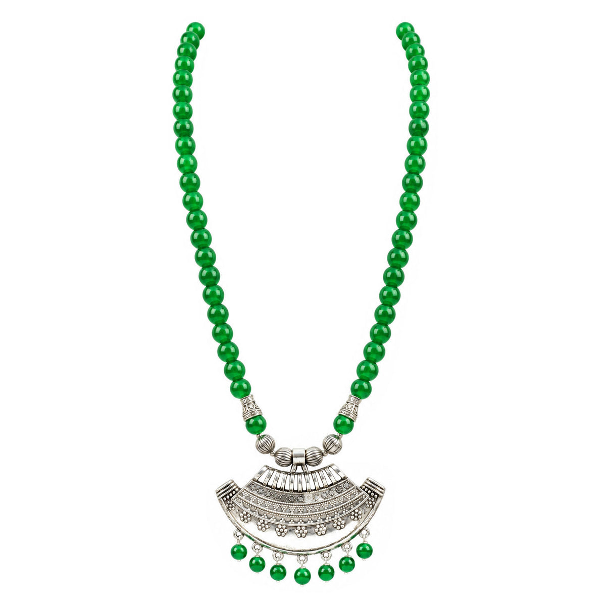 Oxidized German Silver Half Moon Pendant Necklace with Green Beads and Matching Earrings & Bracelet – Navratri Special Traditional Jewellery Set for Women