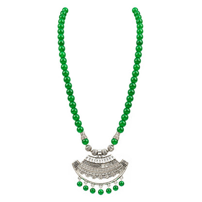 Oxidized German Silver Half Moon Pendant Necklace with Green Beads and Matching Earrings & Bracelet – Navratri Special Traditional Jewellery Set for Women