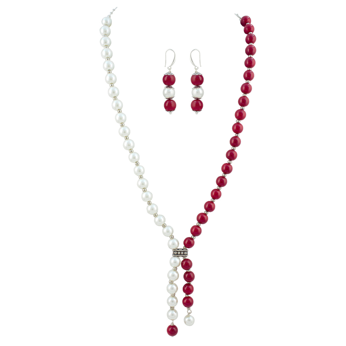 JFL - Jewellery for Less Pearl and Red Bead Asymmetric Necklace Set with Drop Earrings for Women | Oxidized Silver Accent Traditional Ethnic Jewellery | Navratri Festive