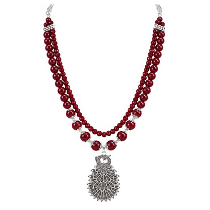 JFL - Jewellery for Less Maroon Beaded Double Layer Necklace Set with Oxidized Peacock Pendant & Matching Jhumkas with Bracelet – Ethnic Jewellery Set for Women