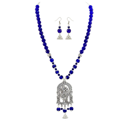 JFL - Jewellery for Less Oxidized German Silver Radha Krishna Pendant Necklace Set and Jhumki Earrings with Bracelet for Women | Royal Blue Beaded Traditional Ethnic Jewellery Set | Navratri Festive