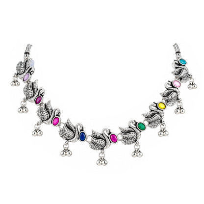 JFL - Jewellery for Less Oxidized German Silver Swan Necklace Set with Earrings – Colorful Stone Choker Jewellery Set for Women & Girls, Traditional Ethnic Antique Silver Combo